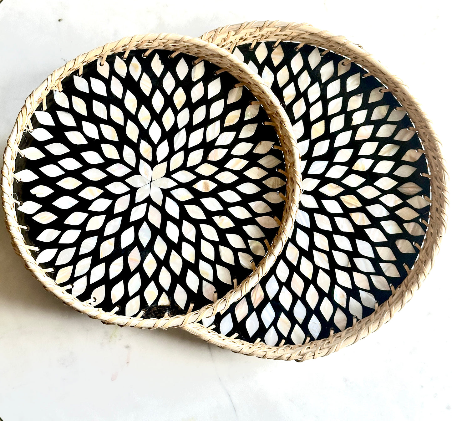 set of 2 stunning handmade mother of pearl and rattan decorative trays in a round shape