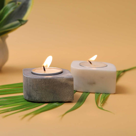 set of 2 white and grey marble tea light candle holders in eye shape