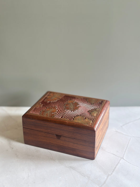 hand-carved wooden decorative jewelry box with brass inlay work in leaf print