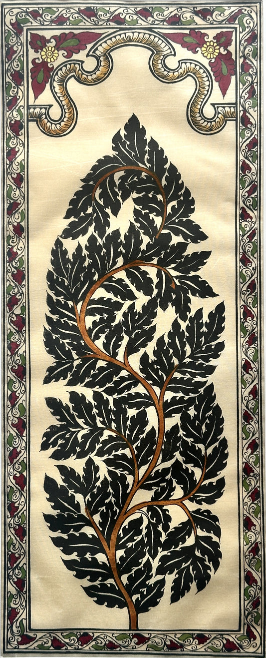 Vibrant hand-painted artisanal artwork made on silk depicting traditional Indian motifs in black color