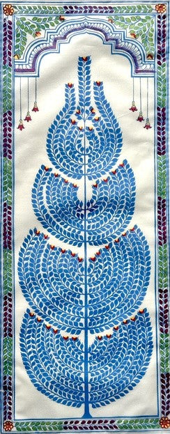 Handmade "tree of life" painting in blue color made on silk cloth by artisans in India