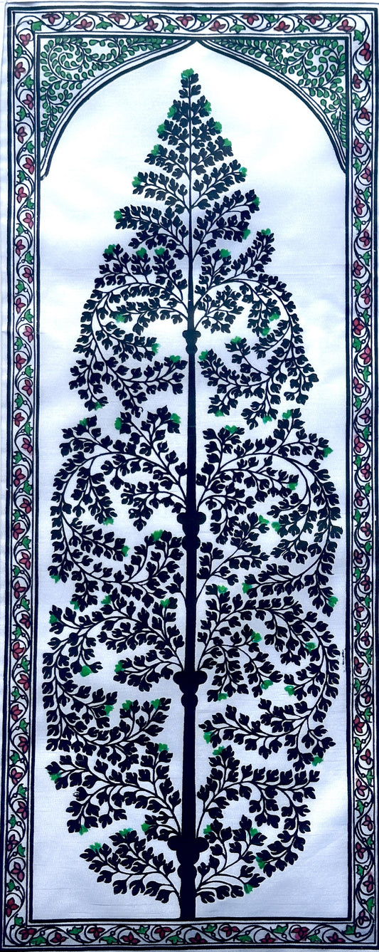 Vibrant hand-painted artisanal artwork made on silk depicting the "tree of life" motif in black and white color