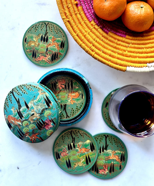 Hand-Painted Coaster Set in Jungle - Light Blue
