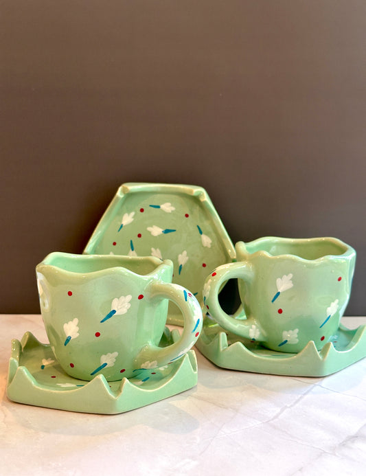 Ceramic Green Flowers Cup and Saucer Set